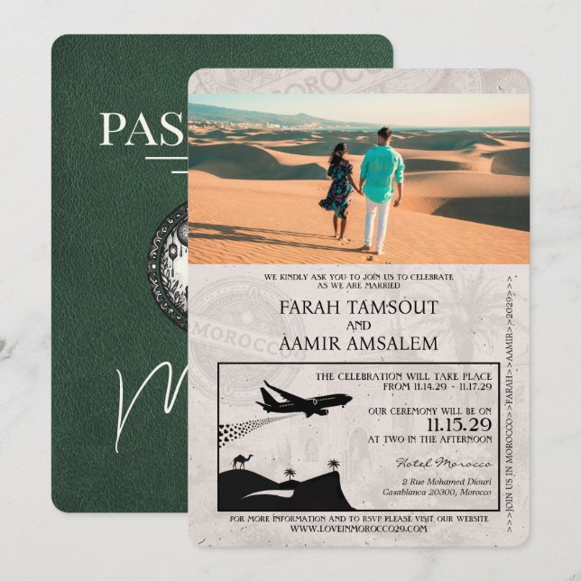 Green Morocco Passport Wedding Invitation (Front/Back)