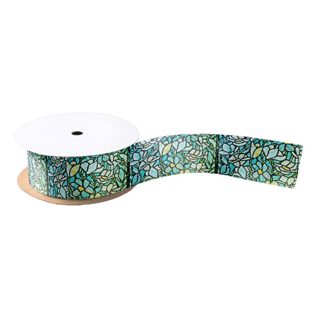 Green Mosaic Floral Tiles Satin Ribbon (Spool)