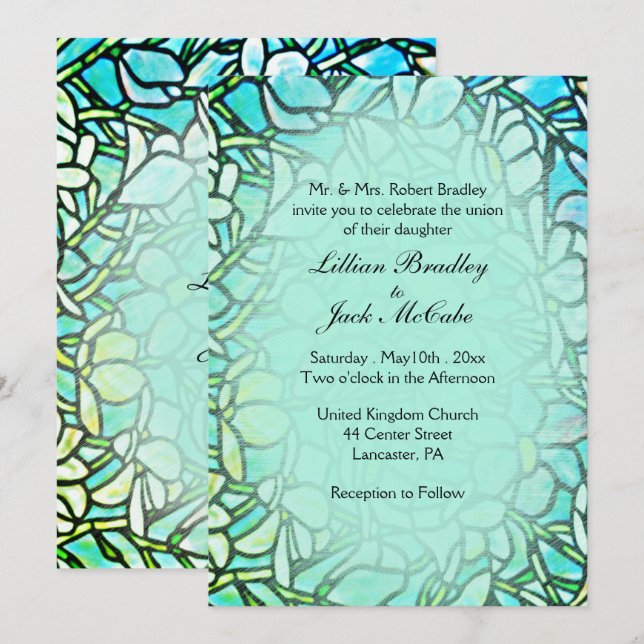 Green Mosaic Floral Tiles Wedding Invitation (Front/Back)