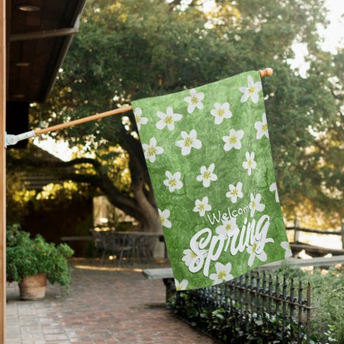 Green Moss and White Floral Welcome Spring House Flag