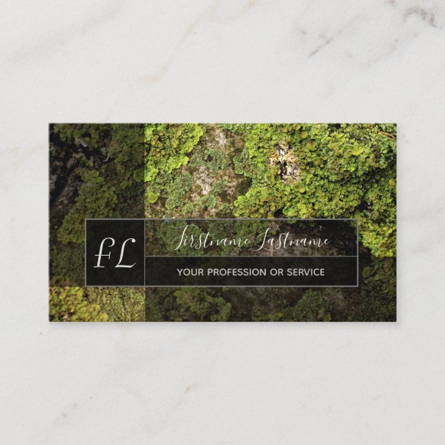 Green mossy tree surface gray rectangle monogram business card (Front)