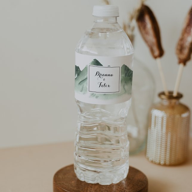 Green Mountain Country Calligraphy Wedding  Water Bottle Label (Creator Uploaded)