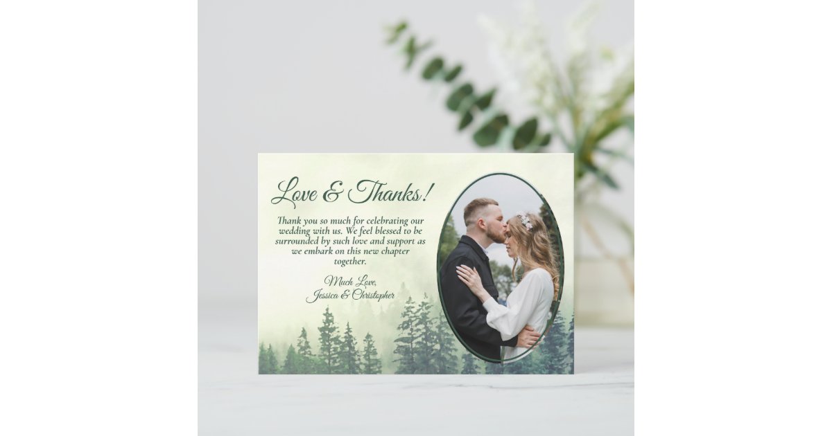Green Mountain Pine Trees Rustic Wedding Photo Thank You Card | Zazzle