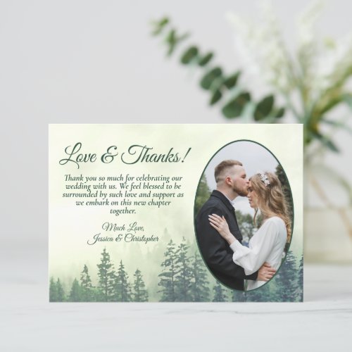 Green Mountain Pine Trees Rustic Wedding Photo Thank You Card