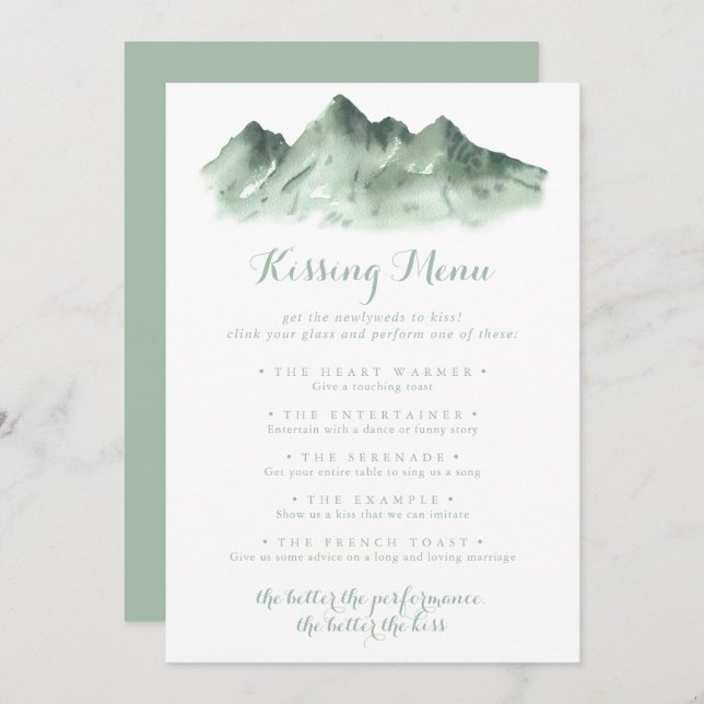 Green Mountain Wedding Kissing Menu Game Card (Front/Back)