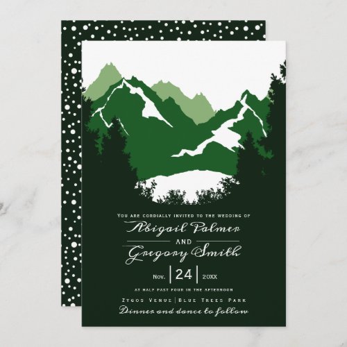 Green mountains and conifer trees wedding invitation