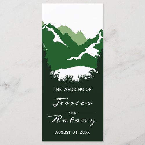 Green mountains and conifer trees wedding program