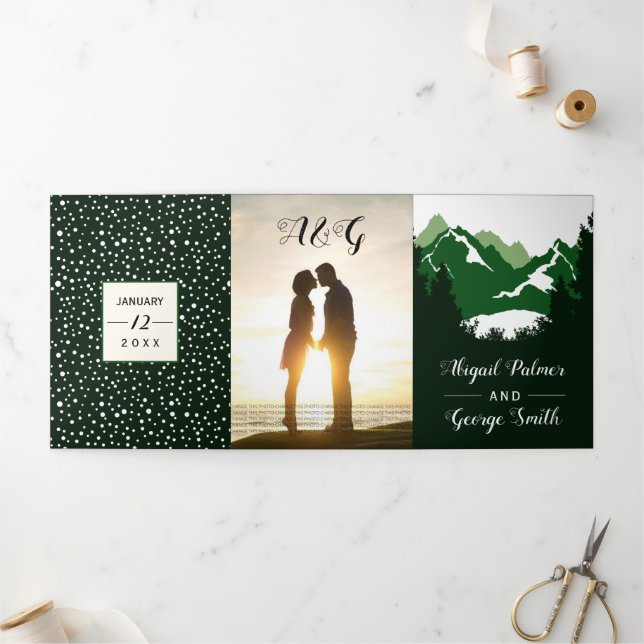 Green mountains and trees photo winter wedding Tri-Fold invitation (Outside)