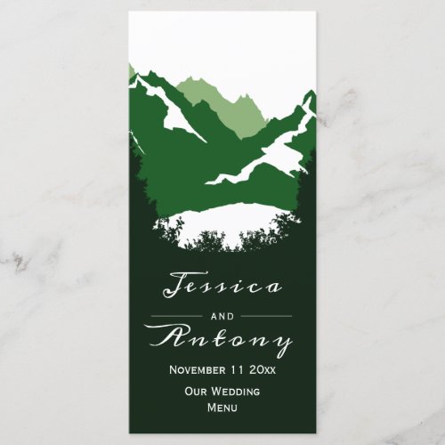 Green mountains conifer trees wedding menu card