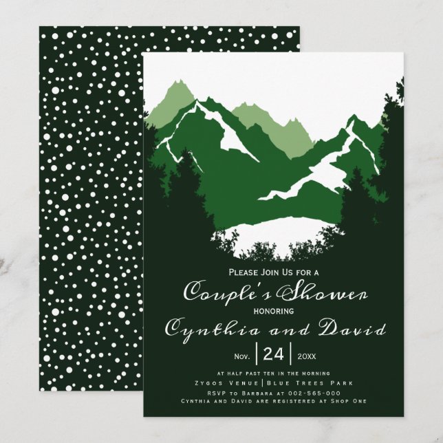 Green mountains, conifers wedding couples shower invitation (Front/Back)