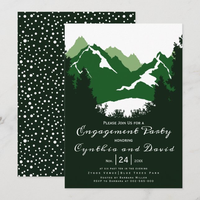 Green mountains, conifers wedding engagement party invitation (Front/Back)