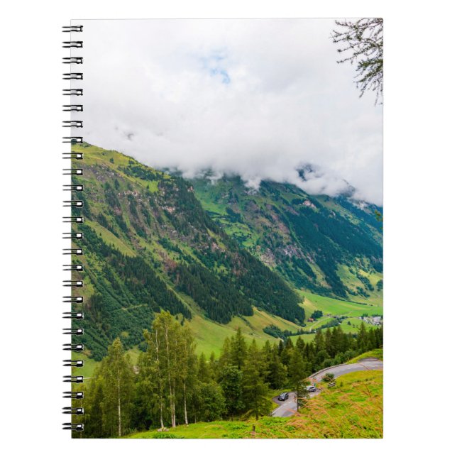 Green mountains covered with forest and green gras notebook (Front)