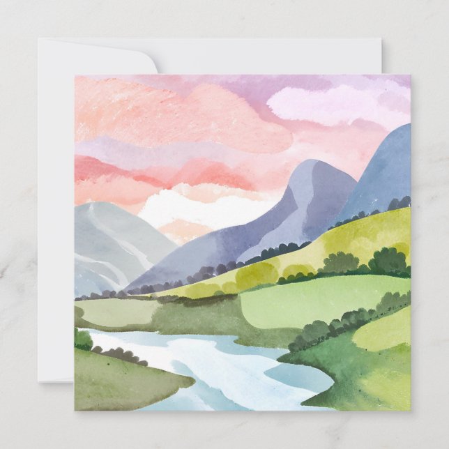 Green Mountainside Sunrise | Watercolor Card (Front)