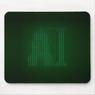 Green mousepad with a hidden message about AI.