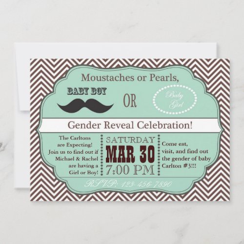 Green Moustaches or Pearls Gender Reveal Invites