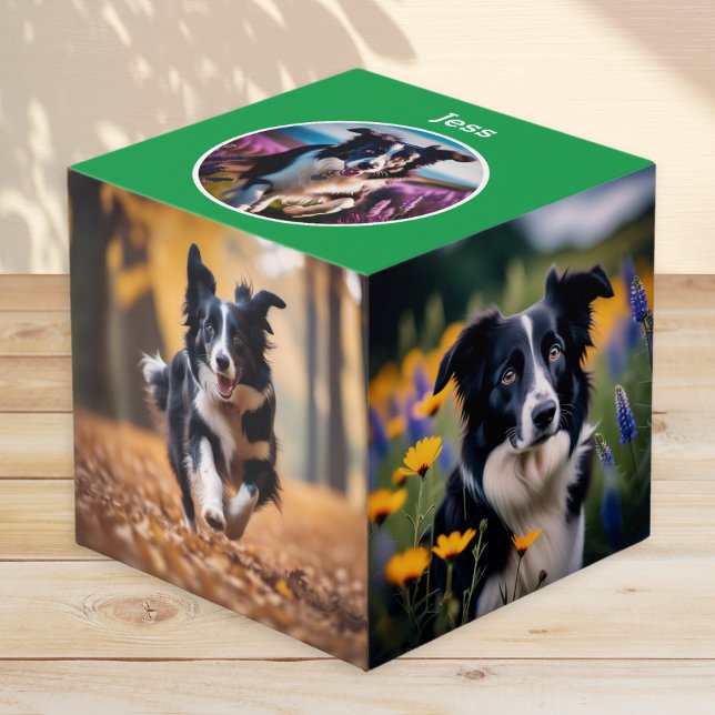 Green Multi Photo Pet Dog Keepsake Personalized Cube (A personalized photo block, featuring your favorite photos of your dog and your pet's name)