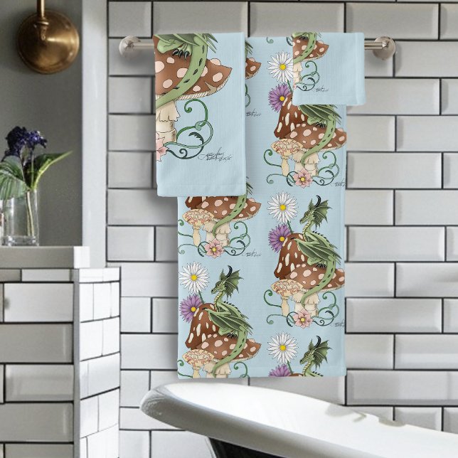 Green Mushroom Dragon Fantasy Flowers Bath Towel Set (Creator Uploaded)