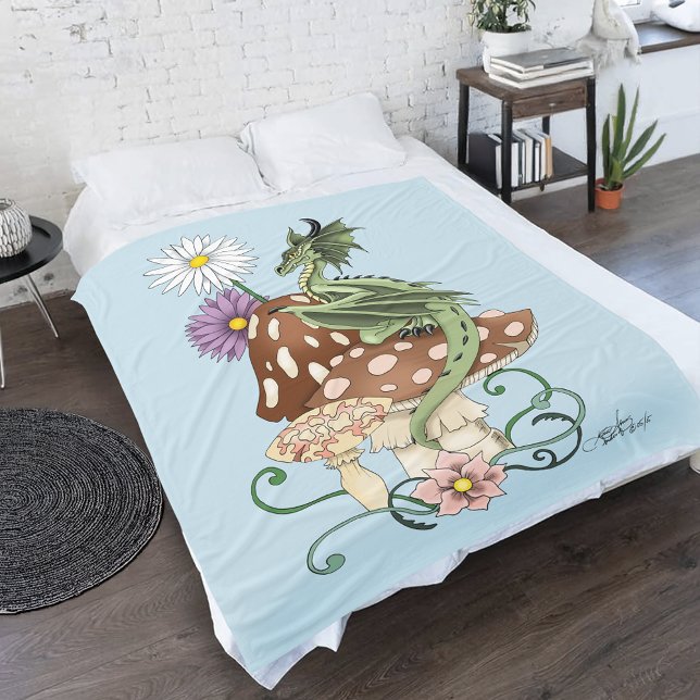 Green Mushroom Dragon Fantasy Flowers Fleece Blanket (Creator Uploaded)