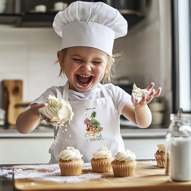 Green Mushroom Dragon Fantasy Flowers Kids' Apron (Creator Uploaded)