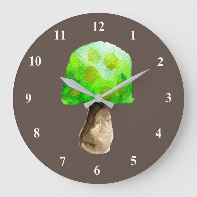 Green Mushroom watercolor cute fungi Large Clock (Front)