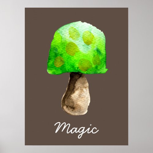 Green Mushroom watercolor cute fungi Poster