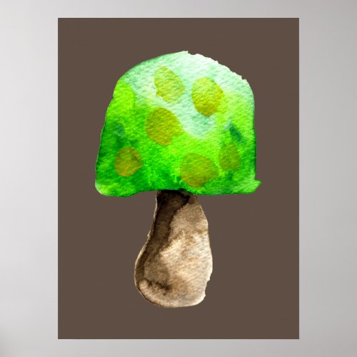 Green Mushroom watercolor cute fungi Poster