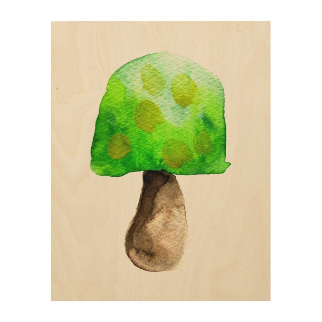 Green Mushroom watercolor cute fungi Wood Wall Art (Front)