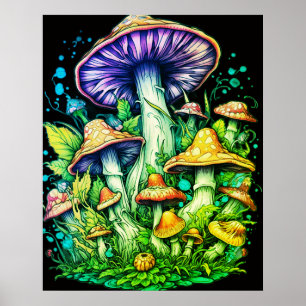 Green Mushrooms on Black Background on a Wall Poster
