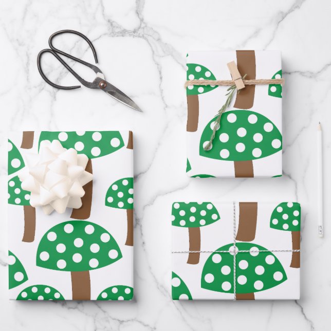 Green Mushrooms Pattern Wrapping Paper Sheets (Front)
