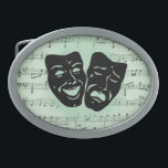 Green Music and Theater Greek Masks Belt Buckle<br><div class="desc">Artistic talent comes in many forms and when they unite it is spectacular. The Greek theater masks of comedy and tragedy lie atop a sheet of music</div>