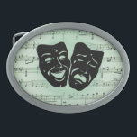 Green Music and Theater Greek Masks Belt Buckle<br><div class="desc">Artistic talent comes in many forms and when they unite it is spectacular. The Greek theater masks of comedy and tragedy lie atop a sheet of music</div>