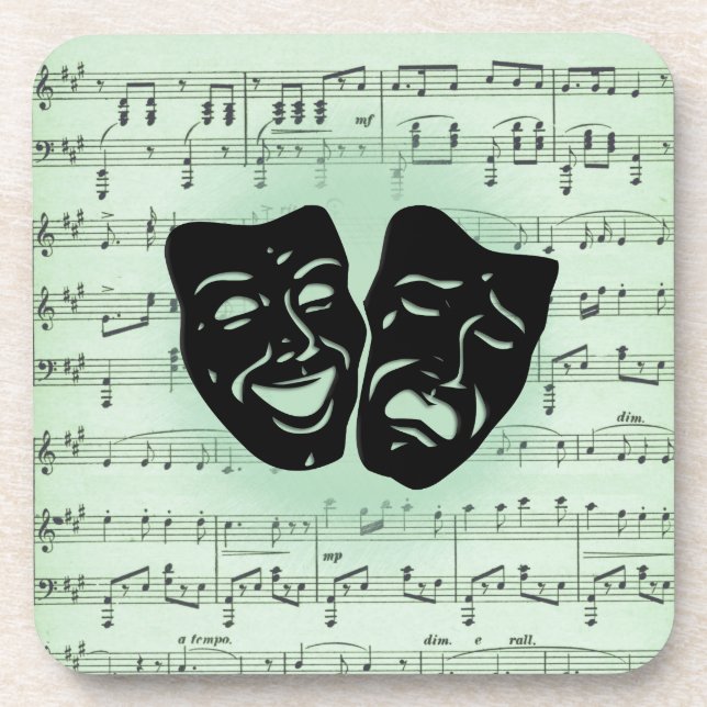 Green Music and Theater Greek Masks Beverage Coaster (Front)