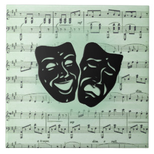 Green Music and Theater Greek Masks Ceramic Tile