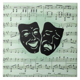 Green Music and Theater Greek Masks Ceramic Tile