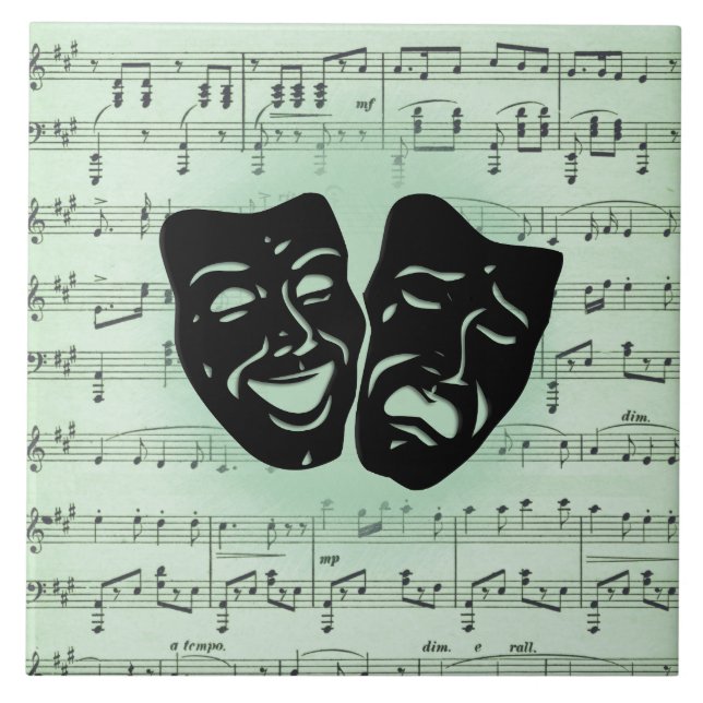 Green Music and Theater Greek Masks Ceramic Tile (Front)