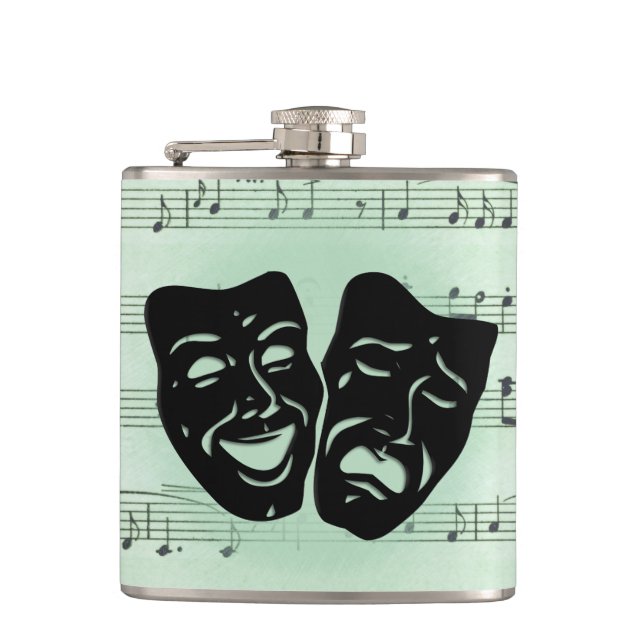 Green Music and Theater Greek Masks Flask (Front)