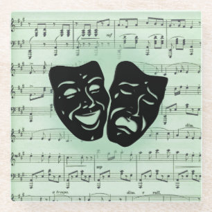 Green Music and Theater Greek Masks Glass Coaster