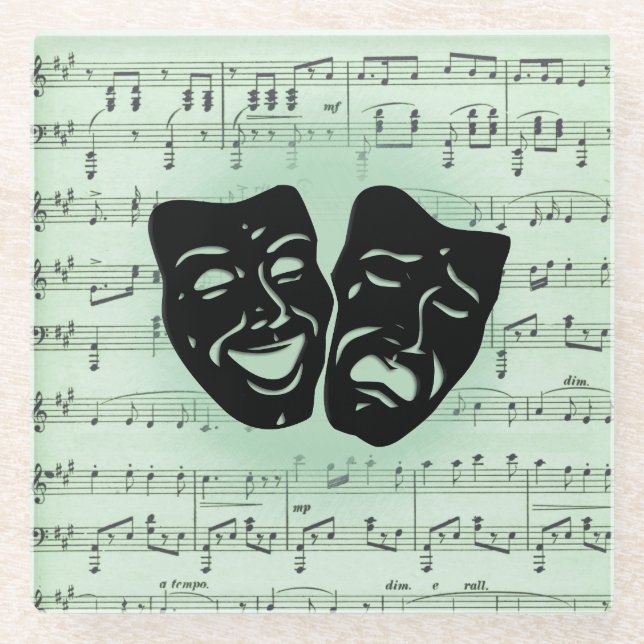 Green Music and Theater Greek Masks Glass Coaster (Front)
