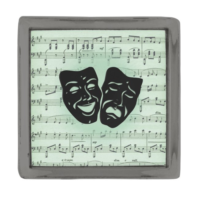 Green Music and Theater Greek Masks Gunmetal Finish Lapel Pin (Front)