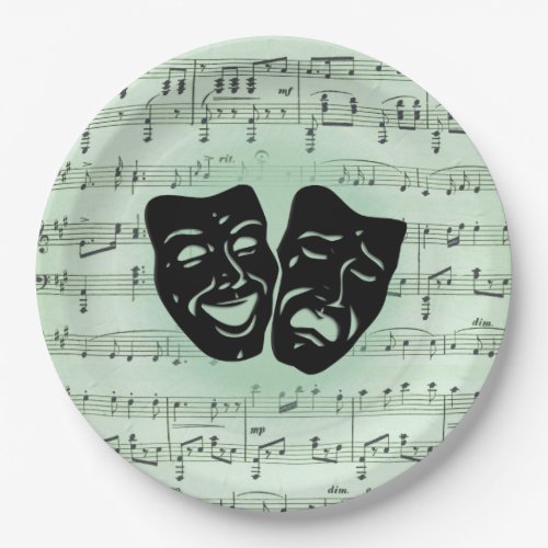 Green Music and Theater Greek Masks Paper Plates