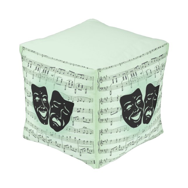 Green Music and Theater Greek Masks Pouf (Angled Front)