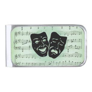 Green Music and Theater Greek Masks Silver Finish Money Clip