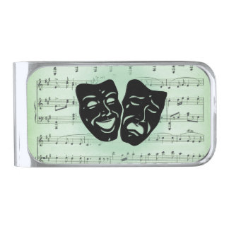 Green Music and Theater Greek Masks Silver Finish Money Clip