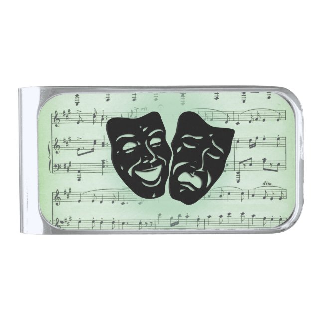 Green Music and Theater Greek Masks Silver Finish Money Clip (Front)