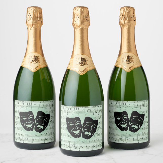 Green Music and Theater Greek Masks Sparkling Wine Label (Bottles)