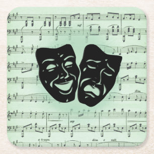Green Music and Theater Greek Masks Square Paper Coaster