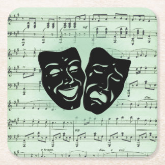 Green Music and Theater Greek Masks Square Paper Coaster