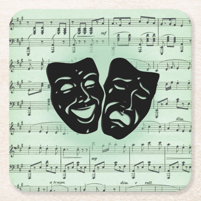 Green Music and Theater Greek Masks Square Paper Coaster (Front)