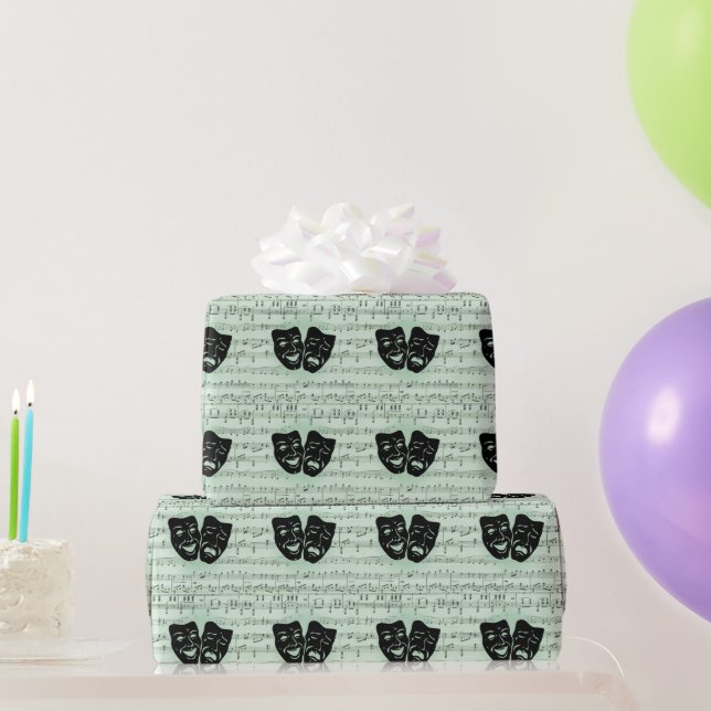 Green Music and Theater Greek Masks Wrapping Paper (Party Gifts)