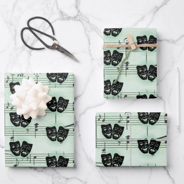 Green Music and Theater Greek Masks Wrapping Paper Sheets (Front)